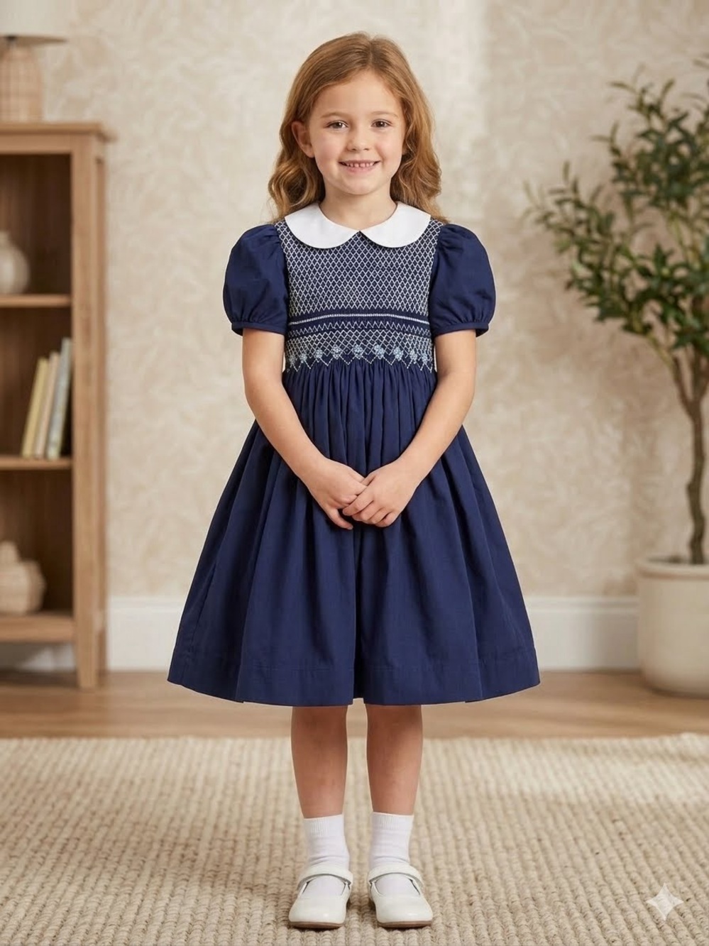 Classic Navy Smocked Peter Pan Dress for Girls size 6